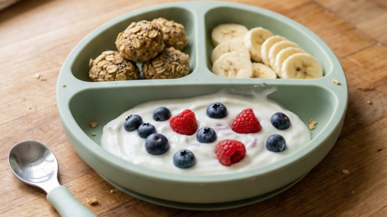 Halványzöld osztott babatányér zabgolyókkal, banánkarikákkal és bogyós gyümölcsös joghurttal, fa asztalon, mellette kiskanál