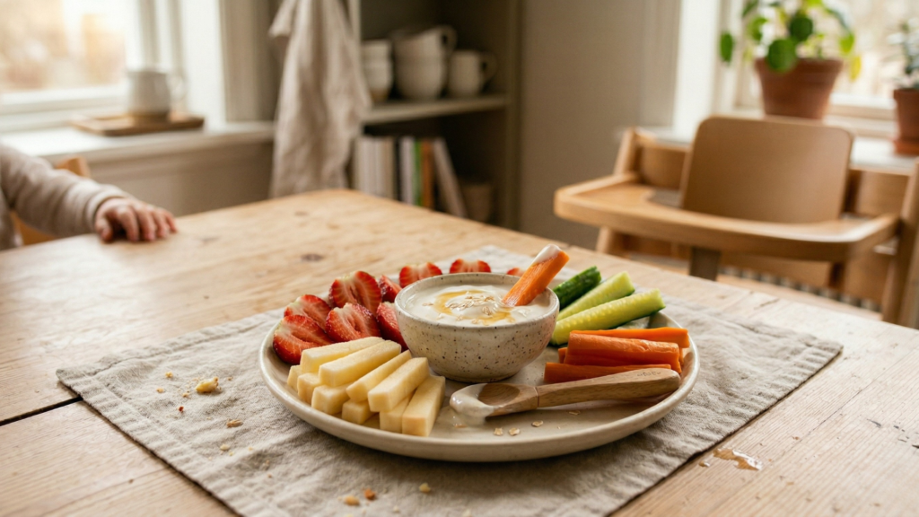 tányér joghurt mártogatóval eper uborka répa baba finger food ötlet természetes fényben