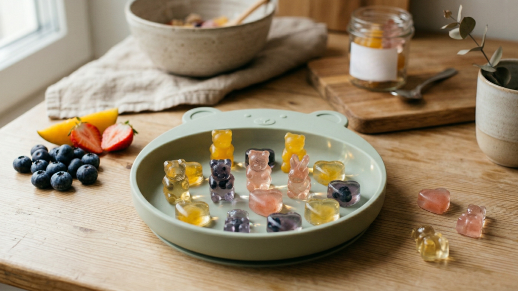 házi zselés gumicukor figurák gyümölcsből cukor nélkül baba snack ötlet