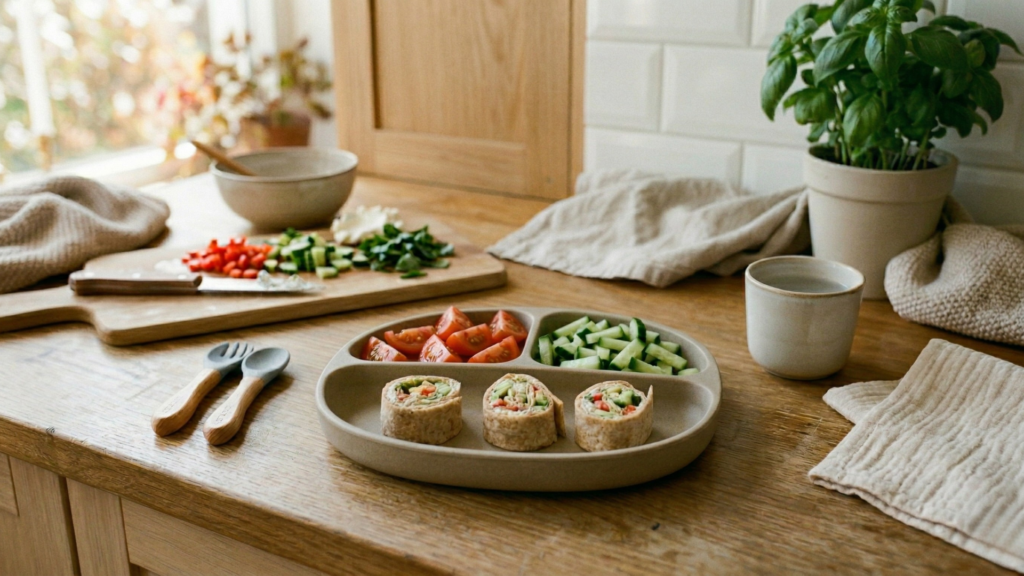 feltekert tortilla falatok zöldségekkel és sajttal rekeszes tányéron baba snack ötlet