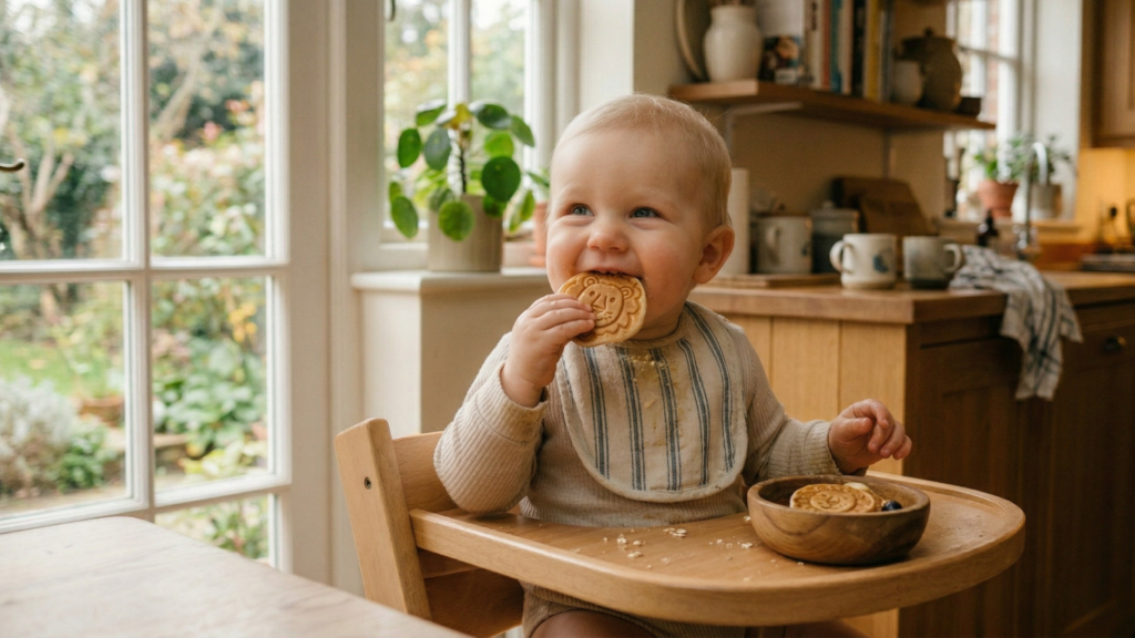 kb. 1 éves baba etetőszékben ül és házi palacsintát eszik