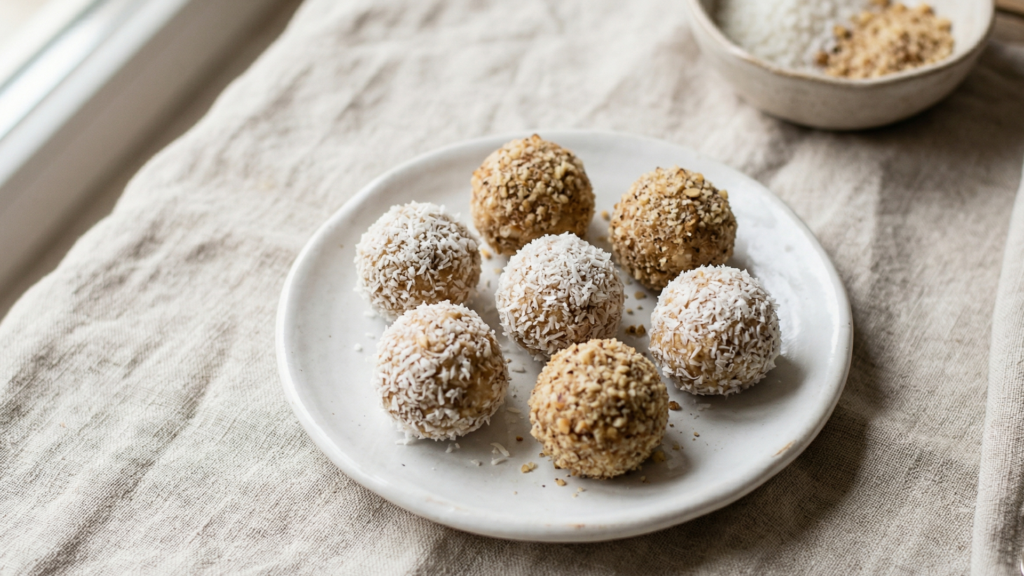 Fehér tányéron házi túrógolyók, felük kókuszreszelékben, felük darált dióban hemperítve, sütés nélkül