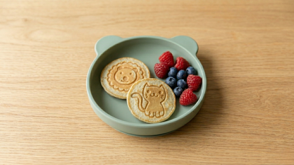 Maci formájú babaétkészletben két mini banános palacsinta friss málnával és áfonyával 1 éves kortól