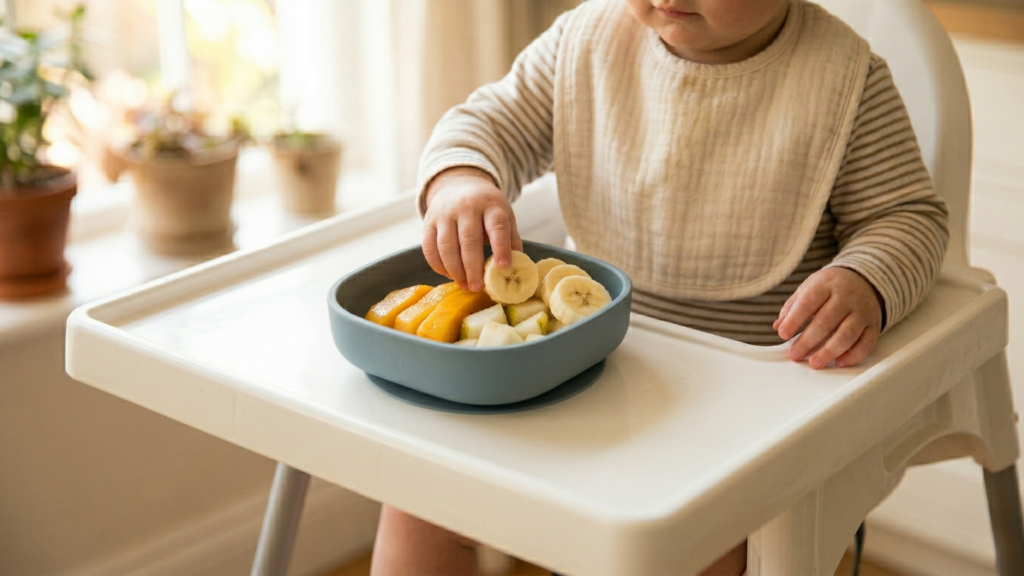 b. 1 éves baba etetőszékben önállóan eszik banánszeleteket és mangódarabokat kék szilikon tálból