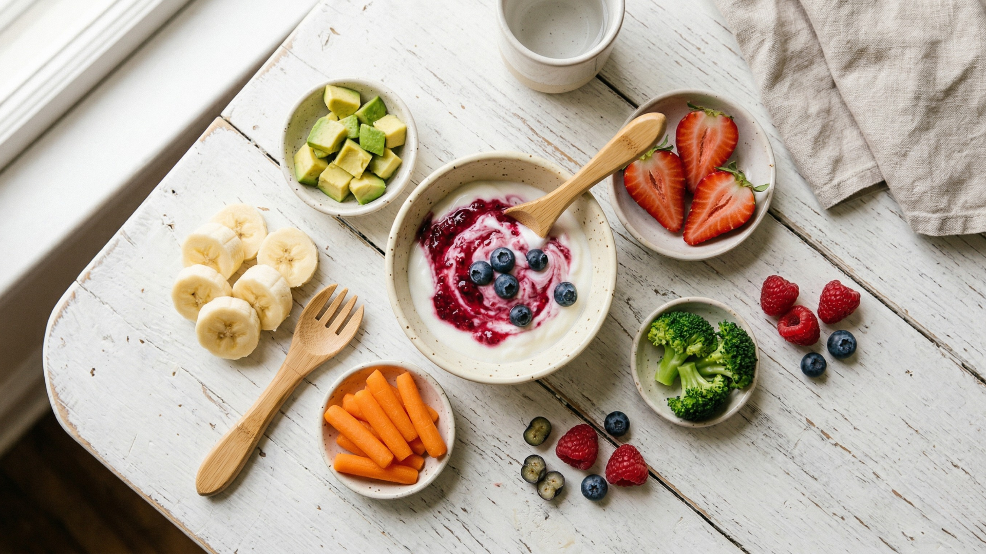 Fehér asztalon baba tízórai ötletek: natúr joghurt bogyós gyümölccsel, avokádókockák, banánszeletek, sárgarépa hasábok, eper és málna 1 éves kortól