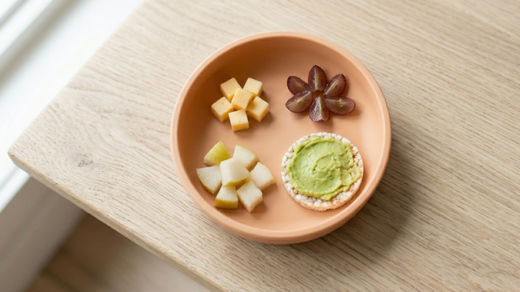 Babaméretű tányéron sajtkockák, negyedelt szőlő, körtedarabok és avokádós rizskeksz 1 éves kortól
