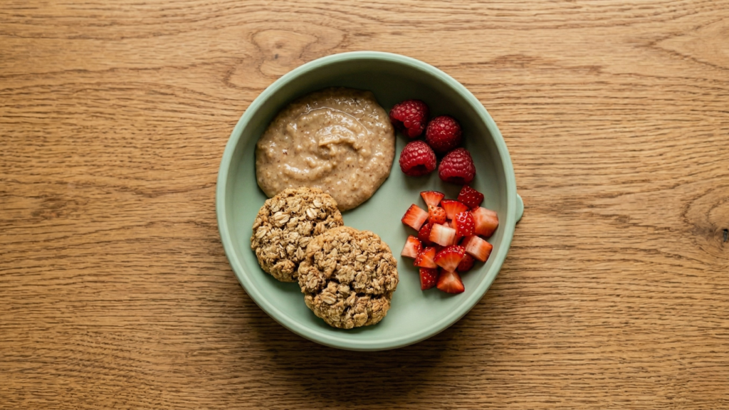 Zöld babaétkészletben házi zabkeksz, zabkása és apróra vágott eper és málna