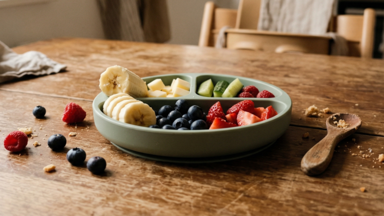 Rekeszes szilikon tányéron baba snack ötletek: banánkarikák, áfonya, eper, uborka és sajtkockák egy fa asztalon, természetes, otthonos környezetben