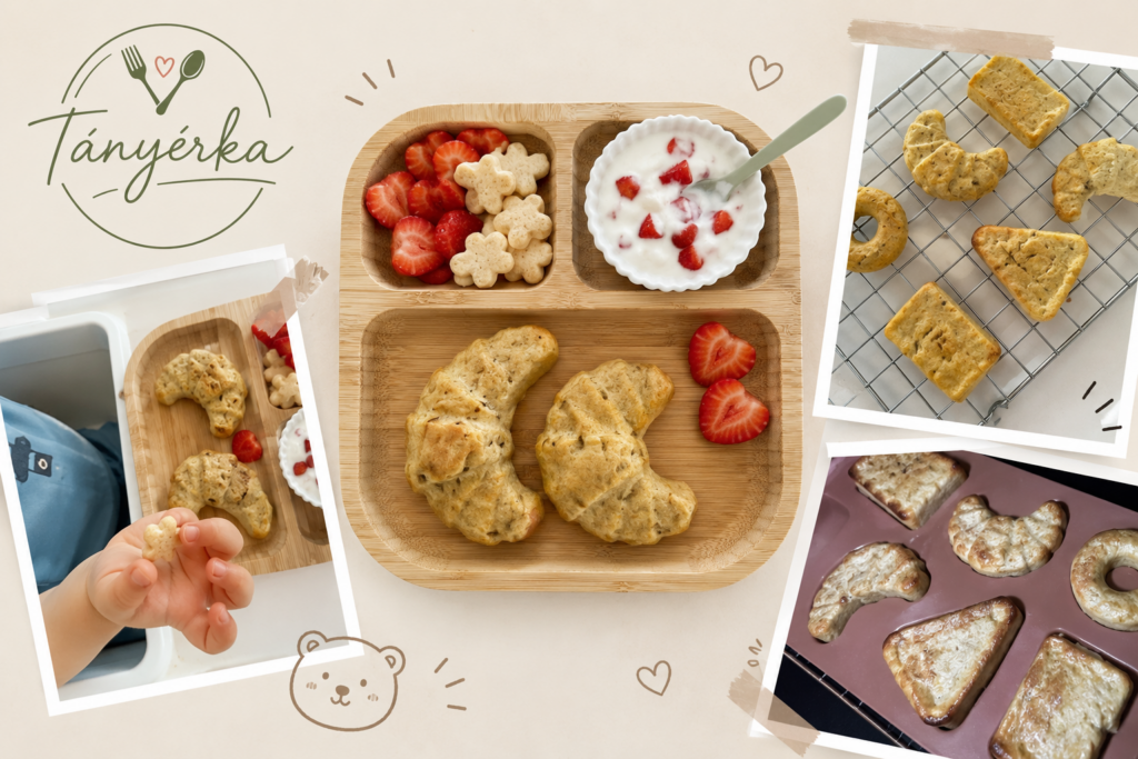 
Banános baba muffin aranyos formákban – croissant, virág és négyzet alakú sütik tányéron epres joghurttal