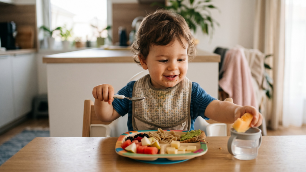 1 éves kisgyerek önállóan eszik uzsonát – sajt, gyümölcs, avokádós pirítós és bogyós gyümölcsök a tányéron