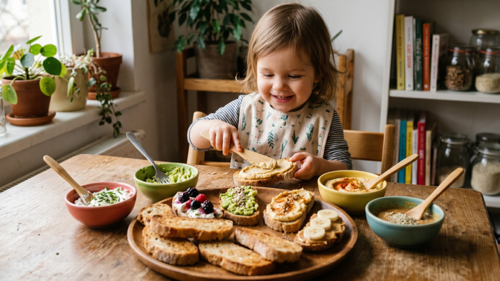 Kisgyerek maga keni a pirítóst – avokádó, krémsajt, humusz és mogyoróvaj feltétekkel, önálló uzsonna