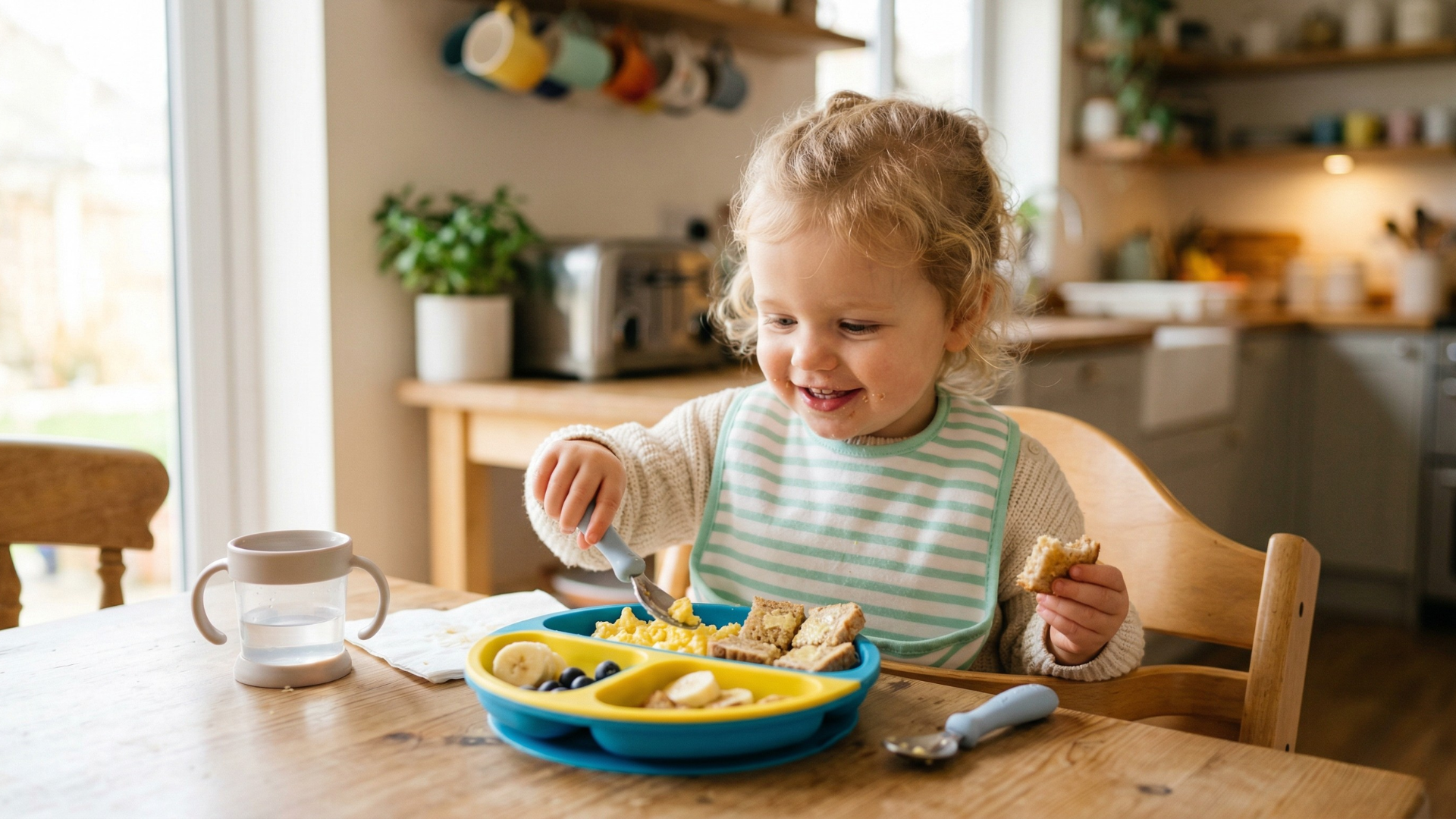 Kisgyerek mosolyogva reggelizik – rántotta, banán és pirítós a tányéron