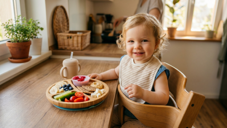 1 éves kisgyerek mosolyog az etetőszékben – osztott bambusz tányéron gyümölcs, zöldség, sajt és keksz
