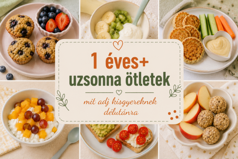 1 éves+ uzsonna ötletek kollázs – áfonyás muffin, joghurtos gyümölcs, zabpalacsinta zöldséggel, cottage cheese mangóval, avokádós pirítós paradicsommal, alma és energiagolyó