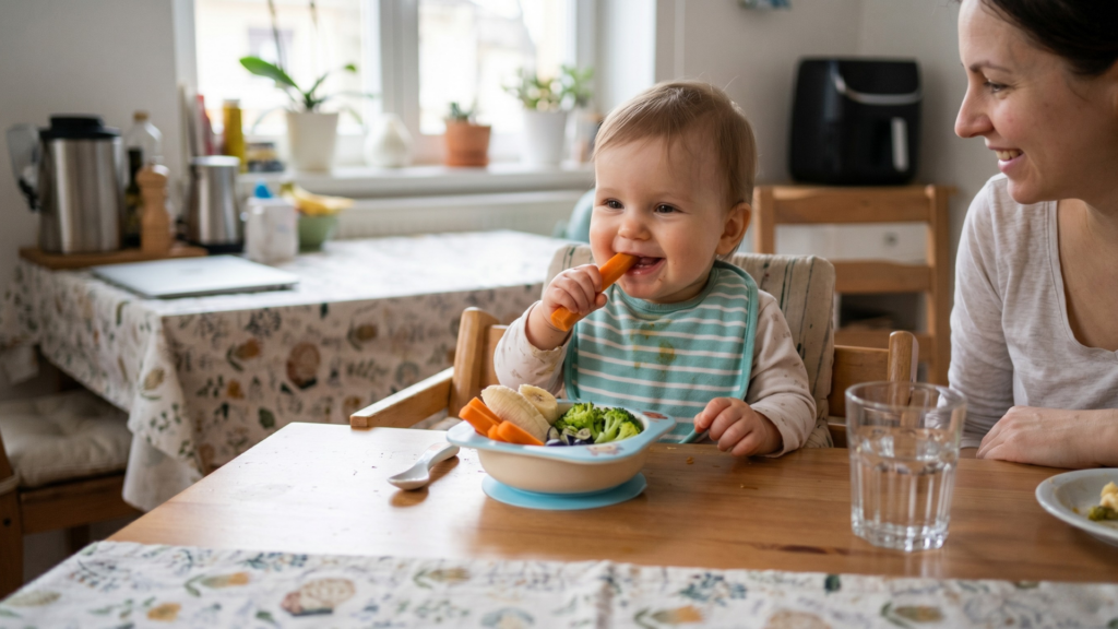 10 hónapos baba sárgarépát eszik etetőszékben anyuka mellett – ujjétel uzsonna