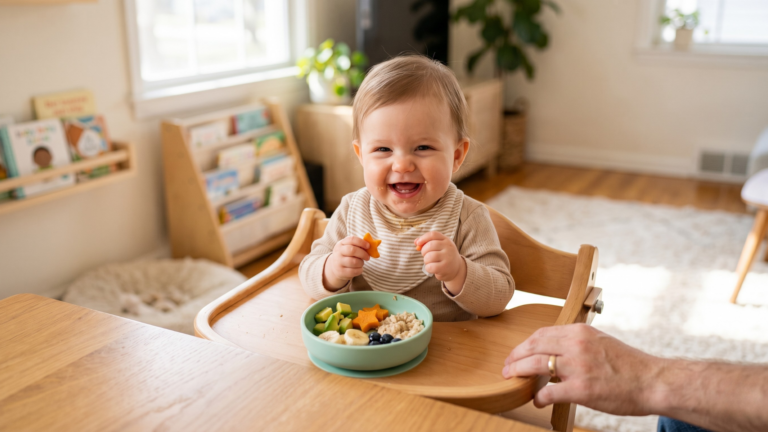 10 hónapos baba mosolyogva eszik ujjételt – avokádó, sárgarépa, banán és áfonya a tányéron