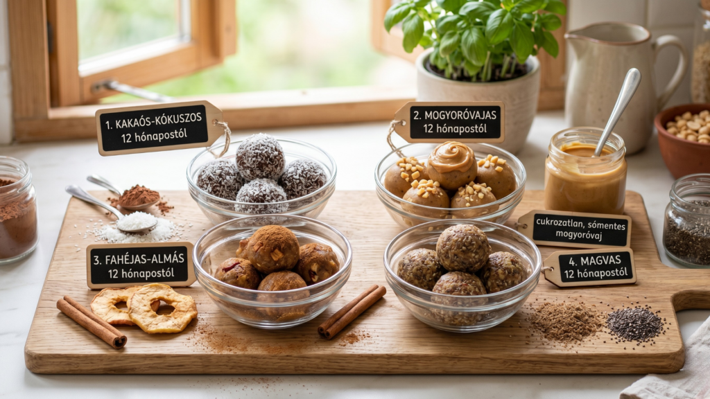 baba energiagolyó variációk kakaós kókuszos, mogyoróvajas, fahéjas almás és magvas verziókban
