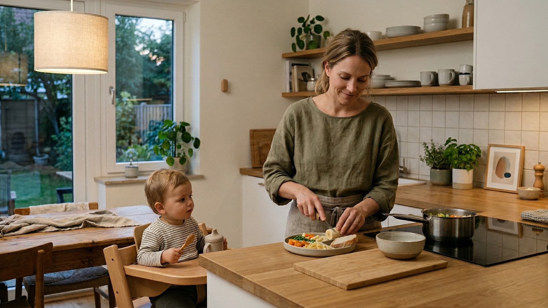 Anyuka konyhapulton baba vacsorát készít, kisgyerek etetőszékből figyeli, tányéron tészta, sárgarépa, borsó és kenyér
