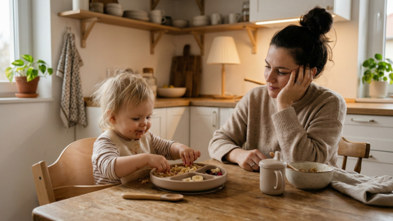 Fáradt anyuka könyökölve figyeli a kisgyereket aki etetőszékben osztott tányérból eszik, meleg esti konyhai hangulatban