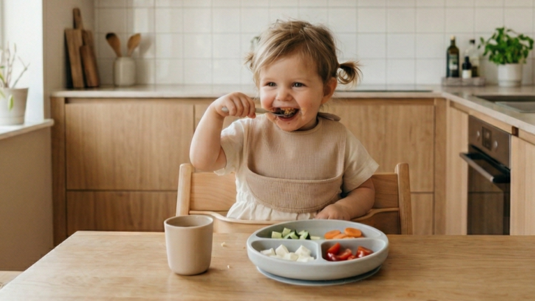 Kisgyerek önállóan eszik kanállal etetőszékben, szürke osztott tányéron sajtkockák, zöldségdarabok és paradicsom, természetes fénnyel