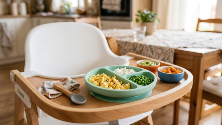 Zöld osztott baba tányér etetőszék tálcáján tojásrántottával, túróval és borsóval, mellette kis tálkákban avokádó és sárgarépa