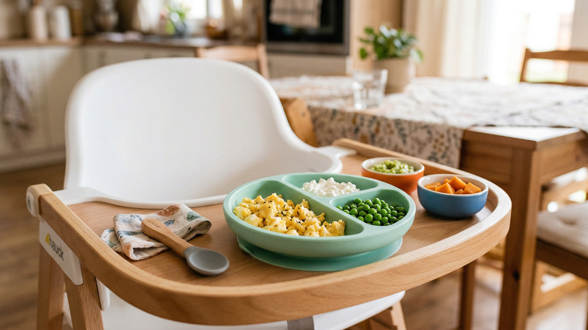 Zöld osztott baba tányér etetőszék tálcáján tojásrántottával, túróval és borsóval, mellette kis tálkákban avokádó és sárgarépa