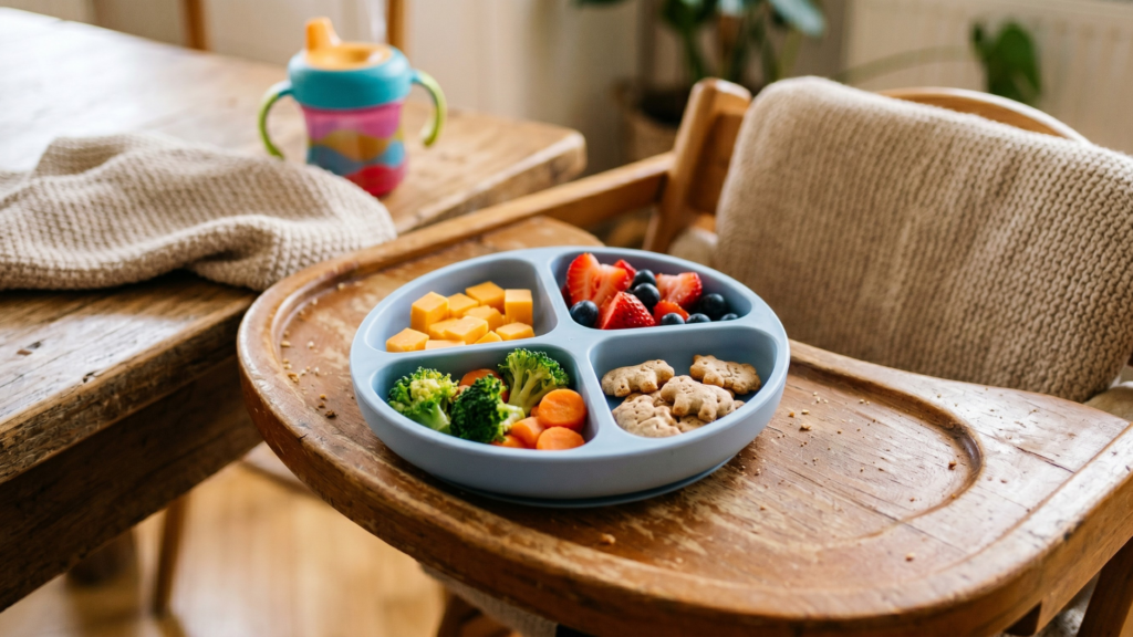 baba uzsonna tálca rekeszekkel zöldségekkel és gyümölcsökkel