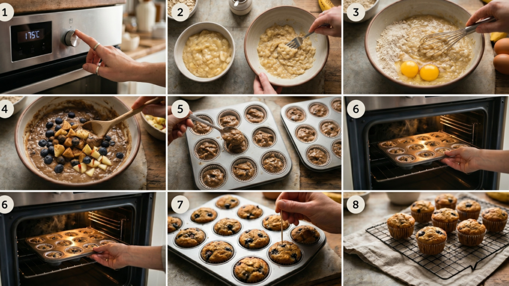 banános baba muffin készítése lépésről lépésre zabpehellyel és gyümölccsel