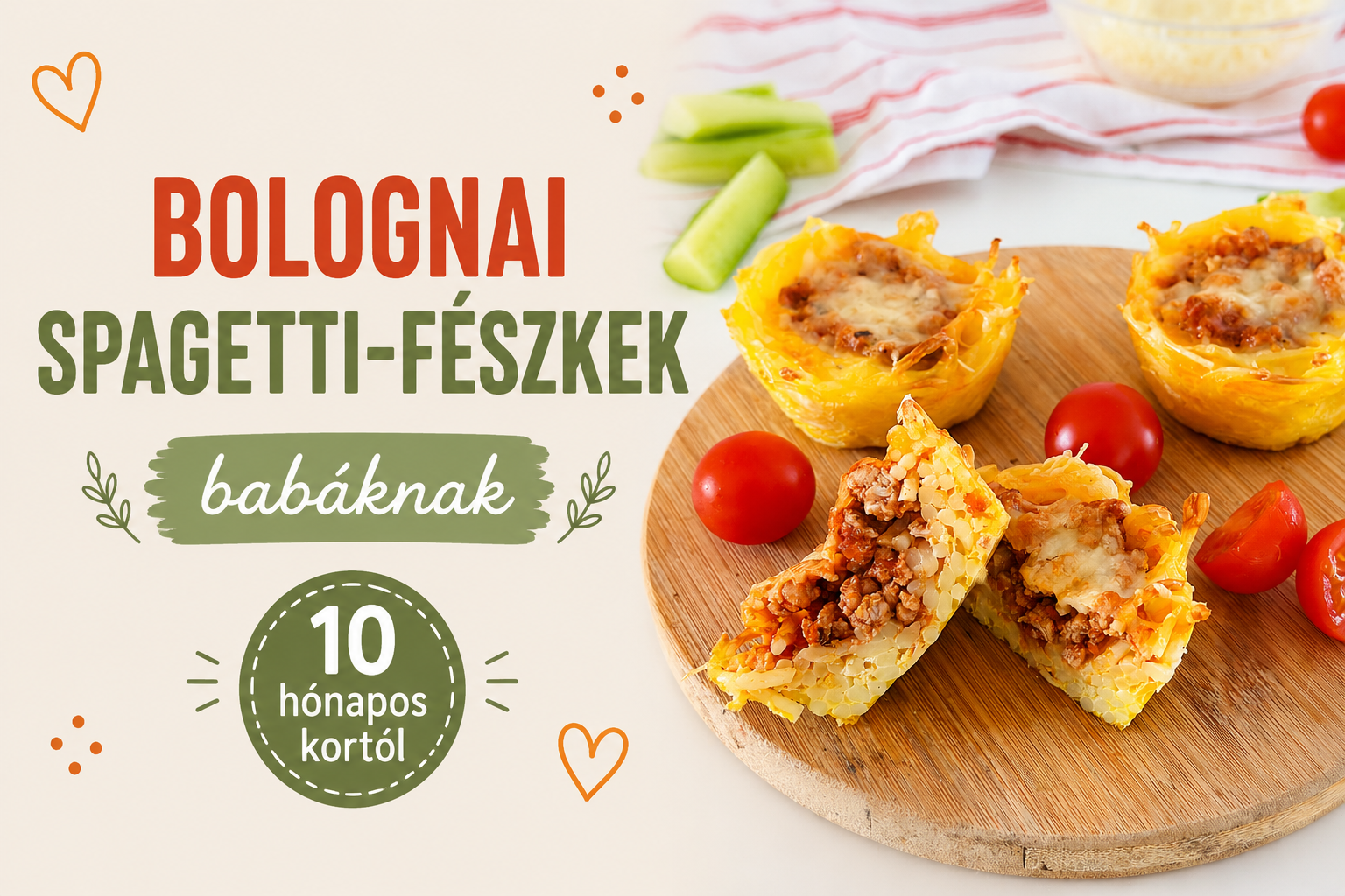 Sajtos bolognai spagetti-fészkek muffinformában sütve, kézbe adható babaebéd