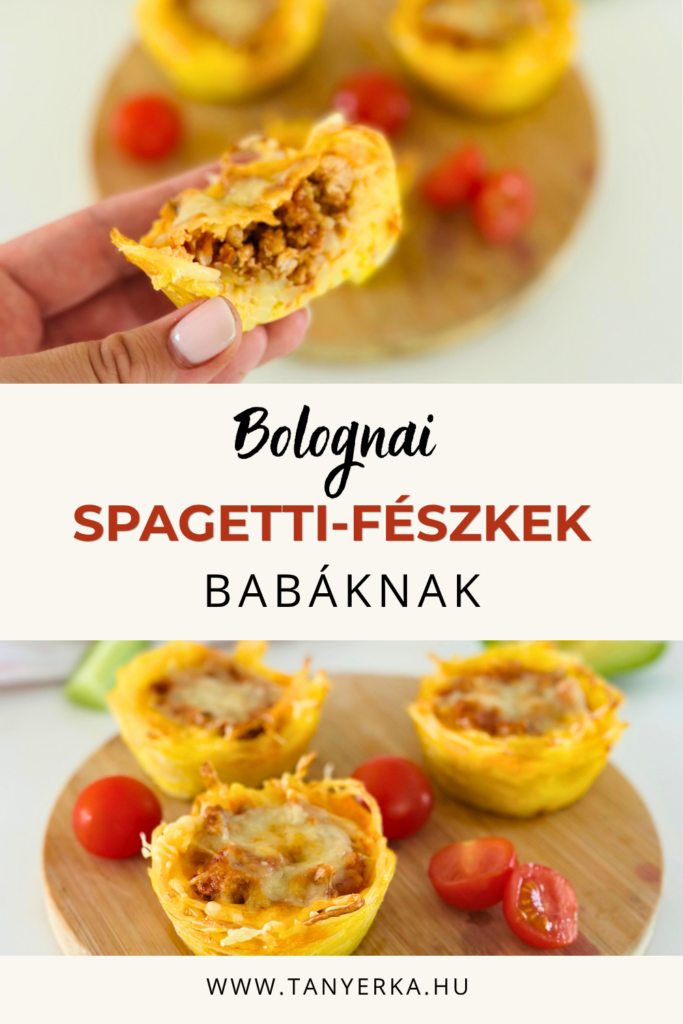 Kézben tartott félbevágott bolognai spagetti-fészek húsos-sajtos töltelékkel babáknak