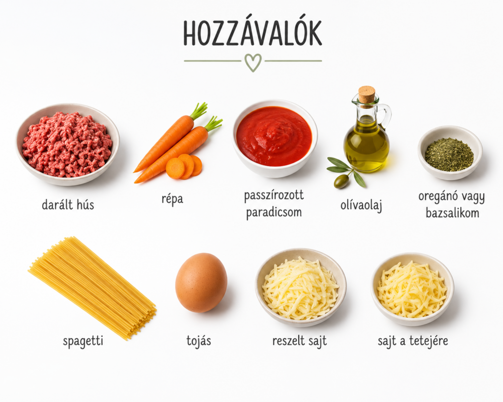 A bolognai spagetti-fészek recept hozzávalói fehér háttéren