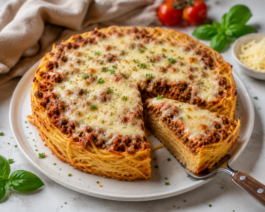 Szeletelhető bolognai spagetti torta sajttal sütve, családi ebéd ötlet