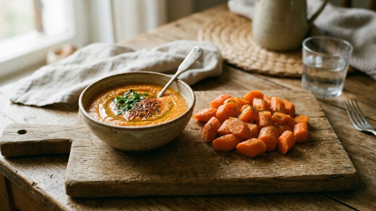 Krémes lencsepüré tálkában párolt sárgarépadarabok mellett, fa deszkán, ablakfényben