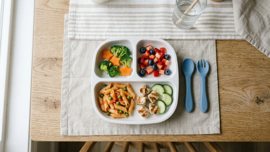 rekeszes tányér kisgyerekeknek zöldségekkel, gyümölcsökkel és főétellel