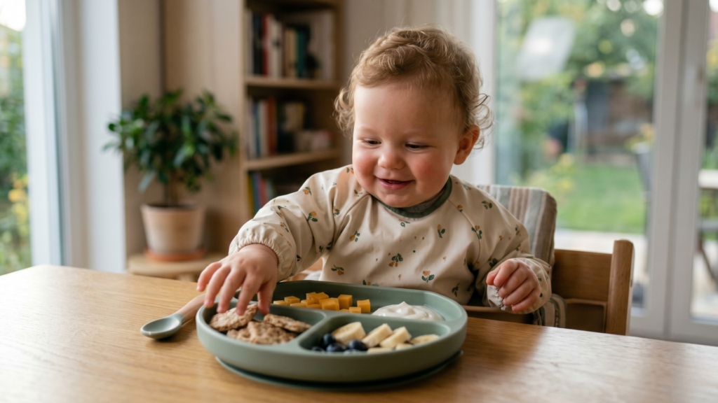 baba uzsonna ötlet tányéron gyümölcsökkel és kekszekkel