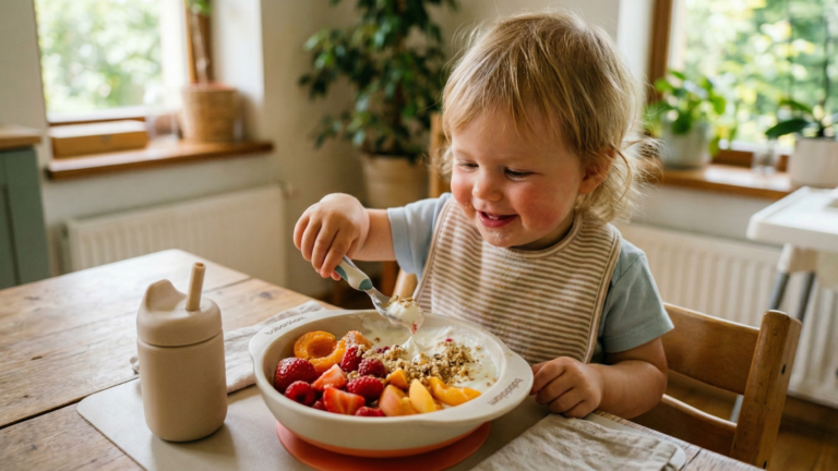 Baba joghurtot és gyümölcsöt eszik könnyű hűsítő vacsoraként