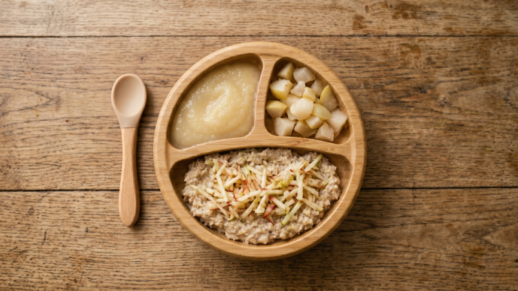 bababarát zabkása almával és gyümölcspürével osztott tányéron