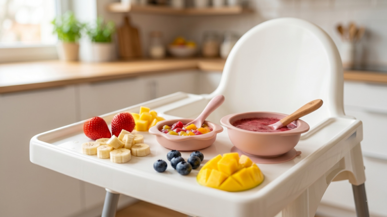 gyümölcsös baba uzsonna ötletek banánnal eperrel és mangóval etetőszéken