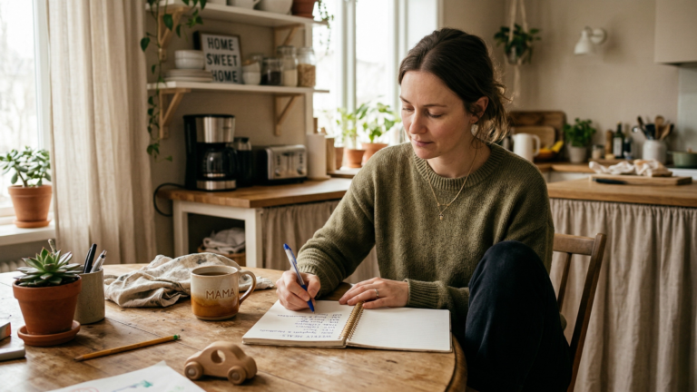 anya jegyzetfüzetbe ír heti baba vacsora tervet konyhában