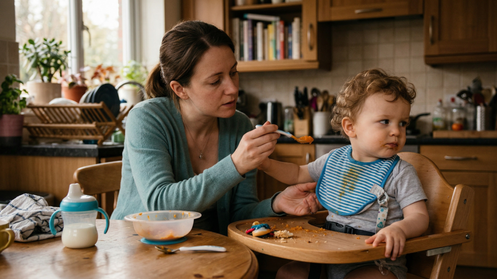 anya próbálja etetni a kisgyereket, aki elfordítja a fejét