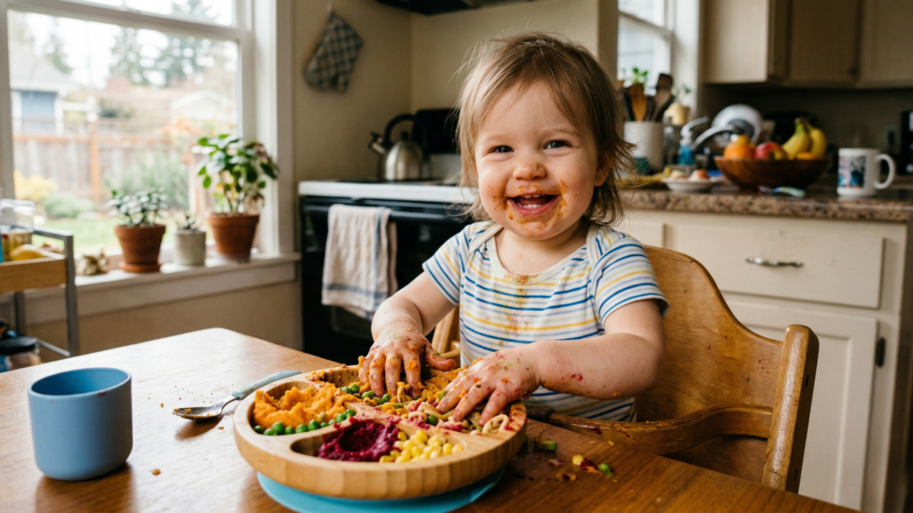 kisgyerek maszatos arccal és kézzel eszik, vidám étkezési pillanat