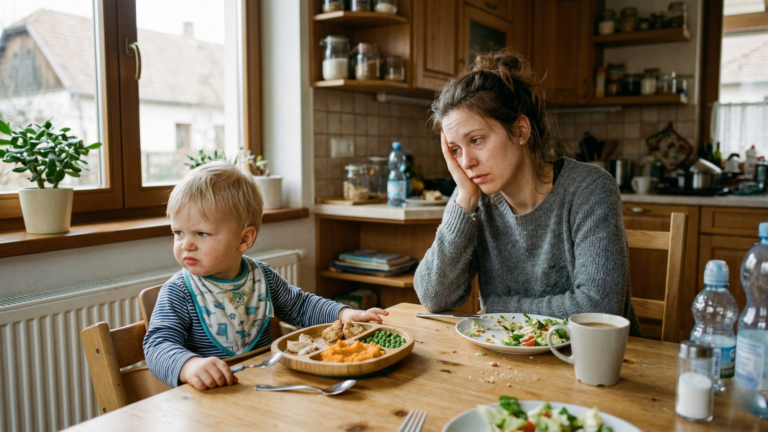 válogatós kisgyerek nem eszi meg az ételt etetőszékben, anya fáradtan ül mellette konyhában