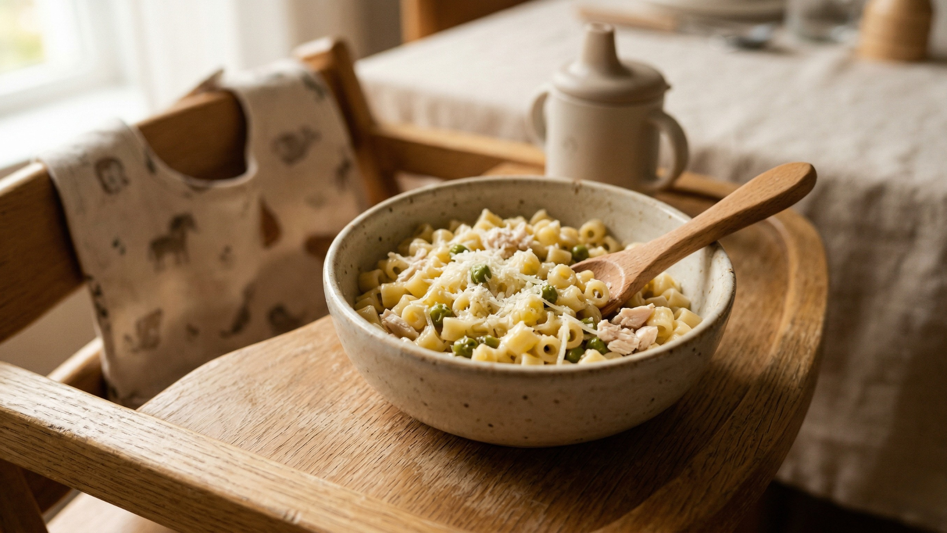 Kézműves kerámia tálban puha tészta borsóval, tépett csirkével és reszelt sajttal, etetőszék tálcáján, természetes fényben
