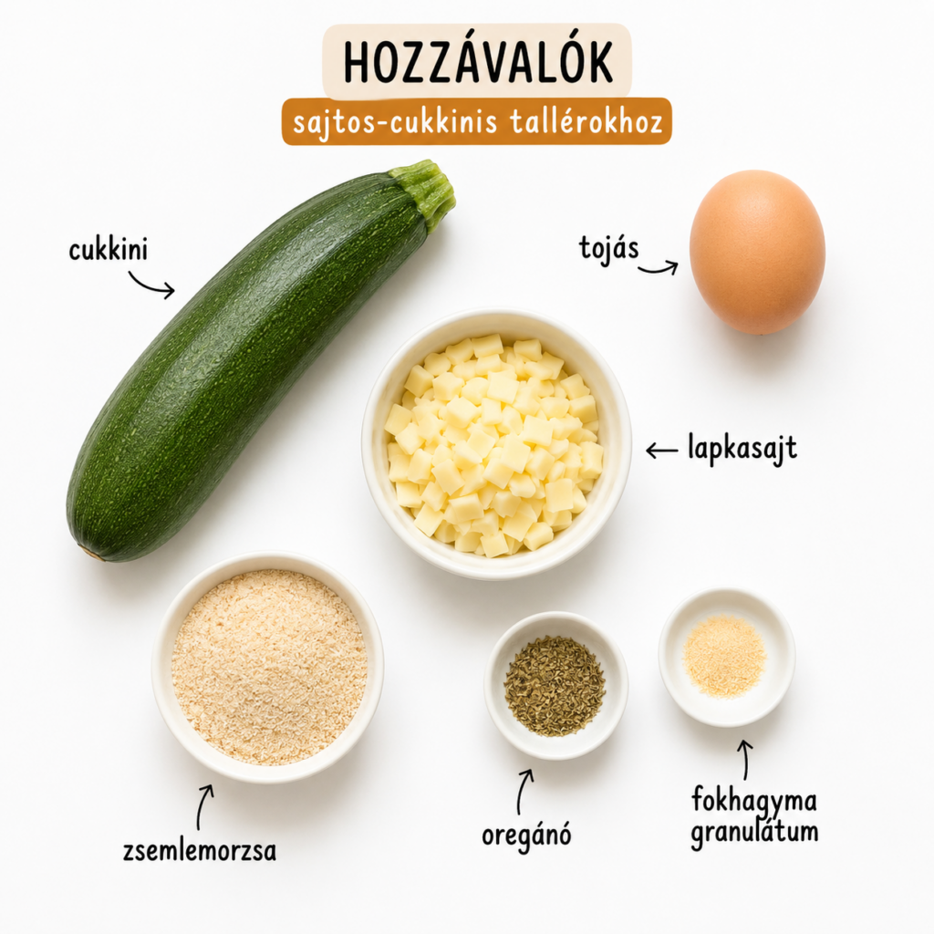 A sajtos-cukkinis tallérok hozzávalói fehér háttéren: cukkini, tojás, lapkasajt, zsemlemorzsa, oregánó és fokhagyma granulátum
