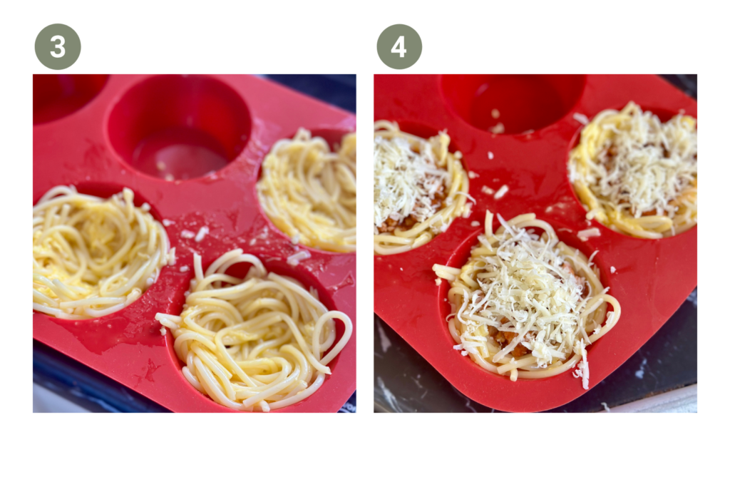 Spagetti tojással és sajttal összekeverve muffinformába nyomkodva