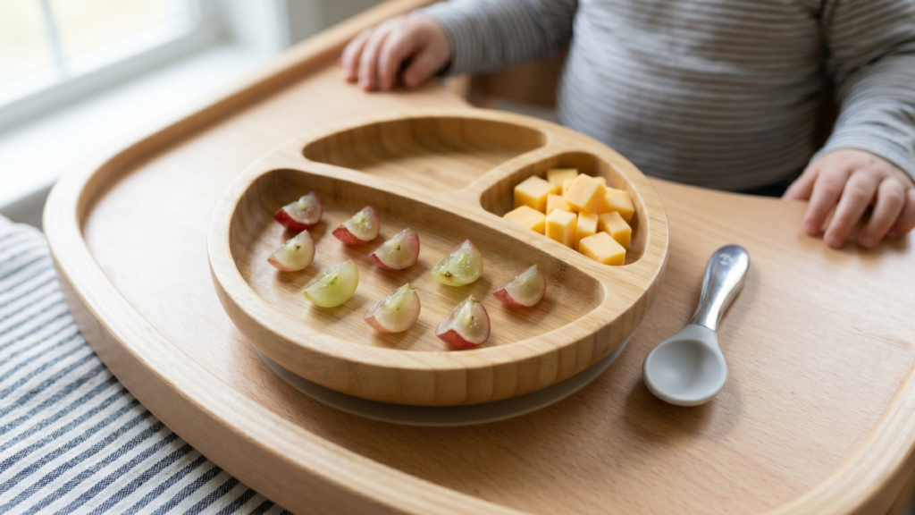 felvágott szőlő és sajt kockák baba uzsonnához biztonságosan tálalva