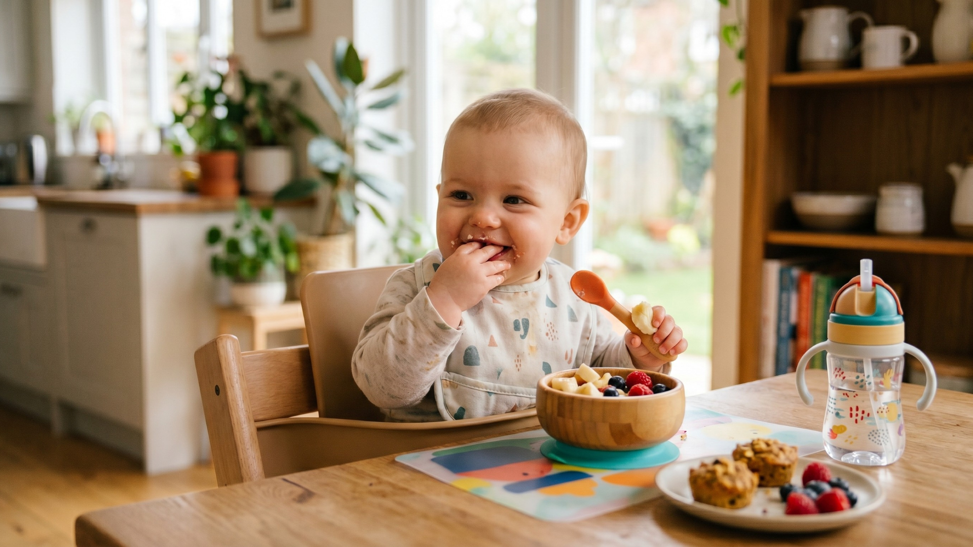 baba uzsonnázik gyümölccsel és tejmentes snackekkel etetőszékben