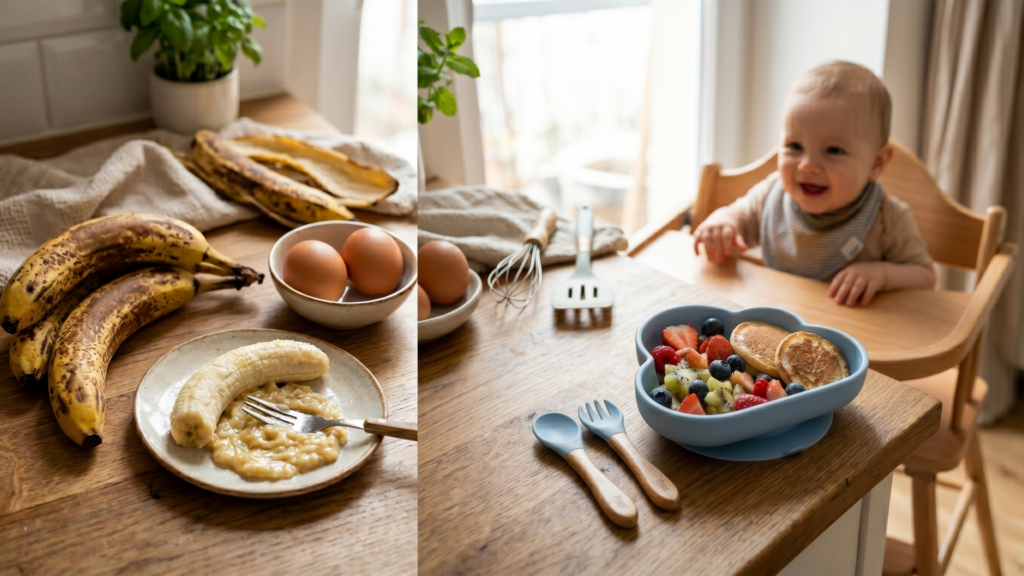 Banán, tojás és zabpehely hozzávalók, valamint kész zabpalacsinta gyümölccsel babának