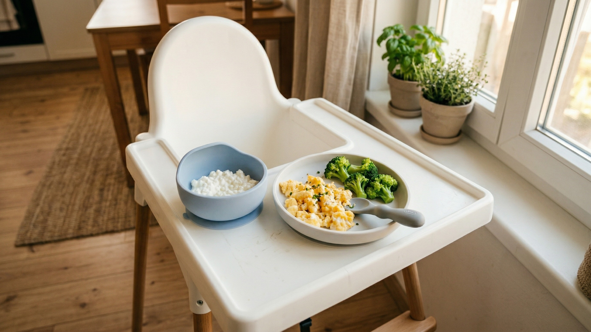 Etetőszék tálcáján kis szilikon tál tehéntúróval és tányér tojásrántottával, mellette brokkolirózsák, természetes ablakfény