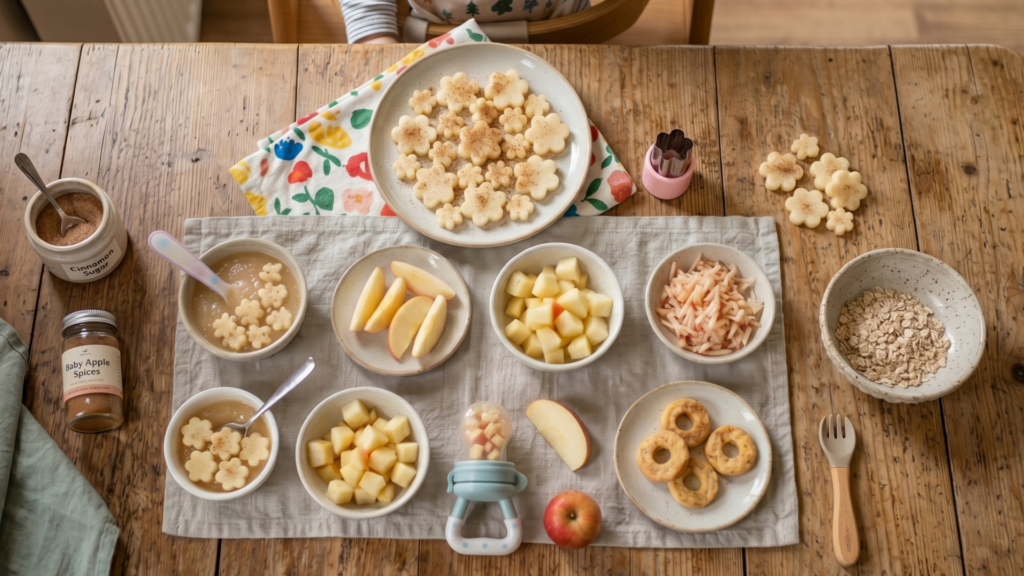 Alma különböző formákban baba reggelire – püré, szelet, kocka és reszelt változat életkor szerint
